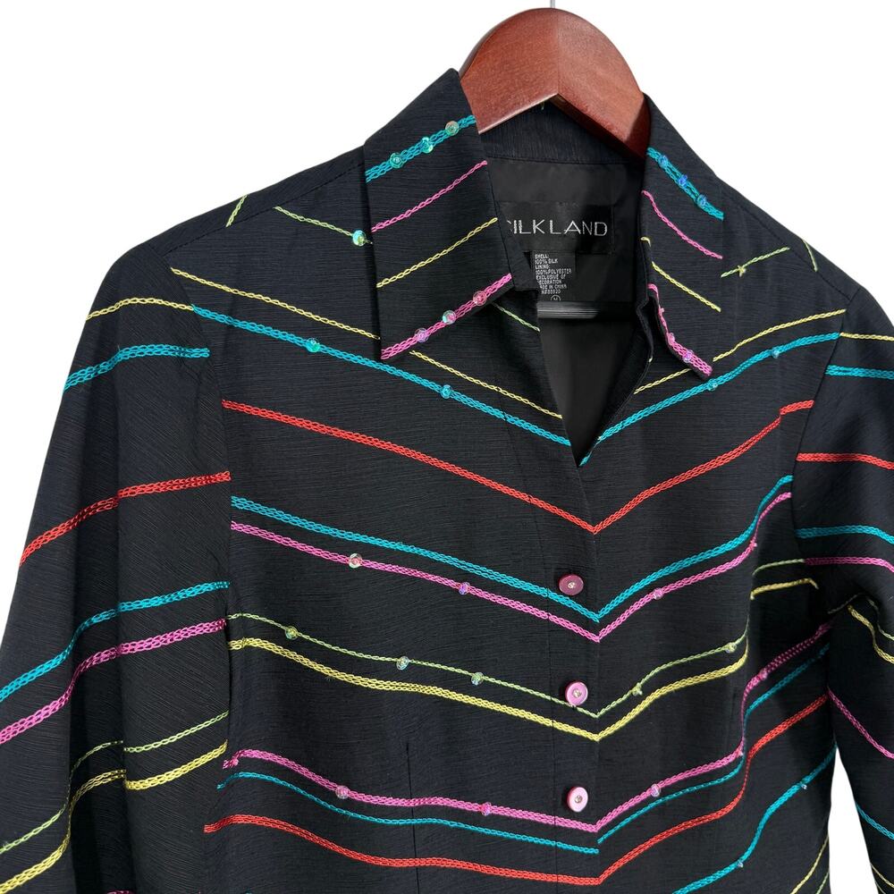 SILK LAND Sz Medium 100% Silk Black Blue Pink Wearable Art Jacket Shirt Top - Picture 3 of 9